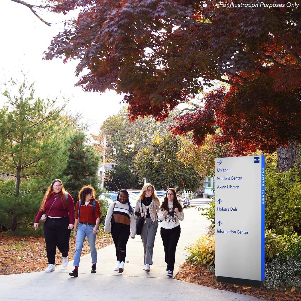 Updated wayfinding and signage around Hofstra campus