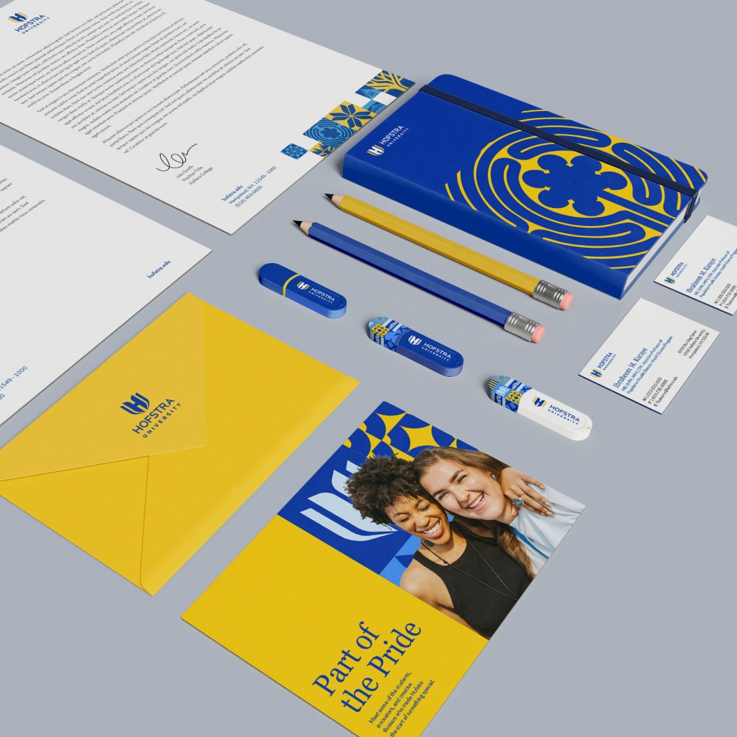 Printed materials and social media examples with new Hofstra branding